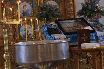 January 7, 2023 Ukraine. Dnipro Ukrainian Orthodox Church. Interior decoration and candles for health.
Baptism in the church and service. Religion