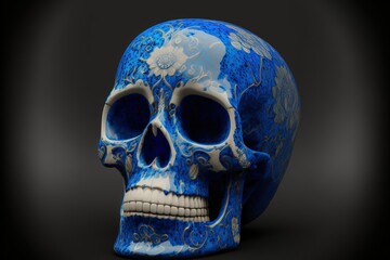 Human skull in blue pottery style, concept of Mexican Folk Art and Ceramic Art, created with Generative AI technology