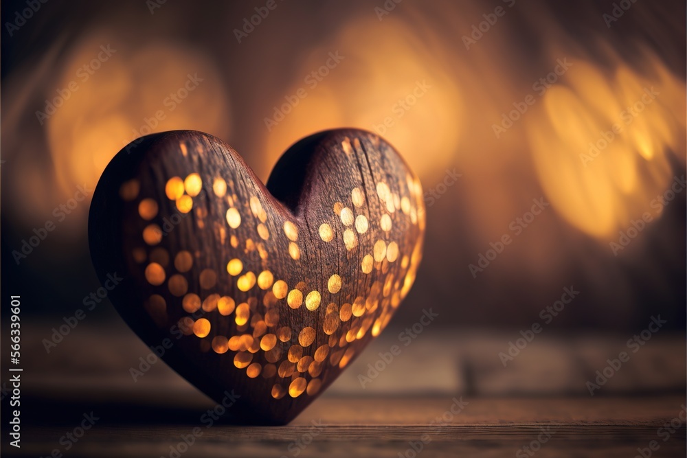 Poster  a wooden heart shaped object on a wooden table with lights in the background and a blurry image of a tree in the background of the heart.  generative ai
