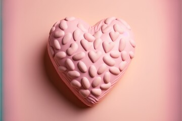 a pink heart shaped cookie with chocolate chips on it's side on a pink background with a light pink background and a light pink background. generative ai