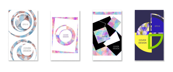 Cover design. Set of 4 covers. Imitation of crumpled paper. Unusual bright abstract background for magazine, book, splash, banner, vector. Imitation of crumpled paper