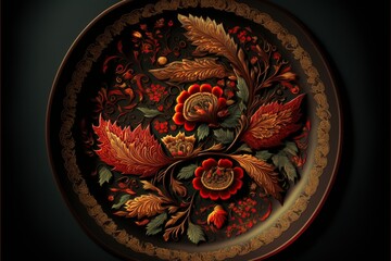 Khokhloma plate, concept of Russian Folk Art and Floral Pattern, created with Generative AI technology