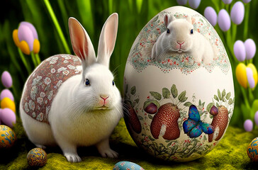 Easter easter eggs with bunnies. selective focus. Generative AI,