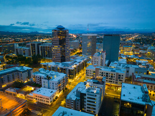 Tucson modern skyscrapers at sunset including One South Church, Bank of America Plaza and Pima...