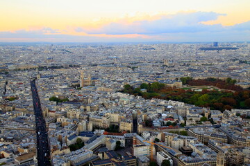 Saint-Germain-des-Pres and french roofs from above at sunrise, Paris, France