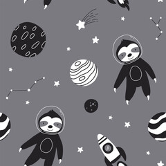Seamless monochrome childish pattern with astronaut sloth, planet, stars and constellation. Creative scandinavian kids texture for fabric, wrapping, textile, wallpaper, apparel.