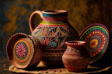 Pottery in rangoli style, concept of Intricate Design and Handcrafted Art, created with Generative AI technology