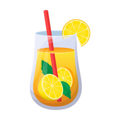 Glass with refreshing lemon drink with citrus slices and mint leaves vector illustration. Cartoon drawing of cold lemonade, tropical drink in glass