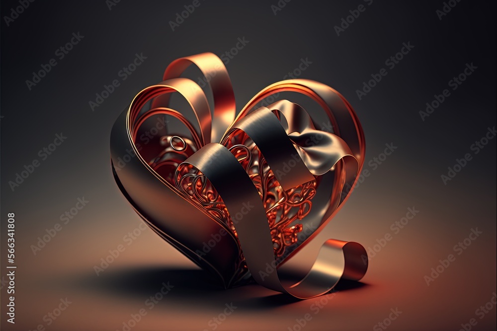 Poster a heart shaped object with a bow on it's side and a ribbon on the top of the heart, on a dark backgr