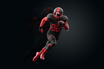 Fototapeta na wymiar American Football player in red and black uniform in running pose on black background. American Football, advertising poster, template, blank, sports. 3D illustration, 3D rendering.