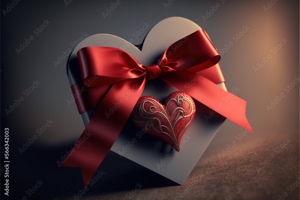 Aufkleber a heart shaped box with a red ribbon and a heart shaped box with a red bow on top of it, on a dark b