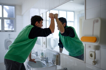 young boy exploring different emotions in front of the mirror
