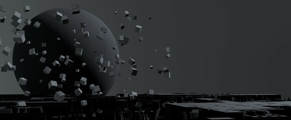 Futuristic techno planet with flying digital cubes background. Gray gradient surface and 3d render of large looming planetary sphere with a field of square asteroids