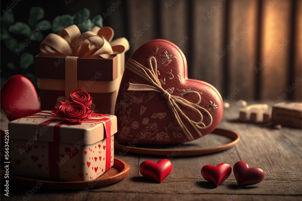 Poster two heart shaped boxes with ribbons on a wooden table next to a heart shaped box with a rose on it a