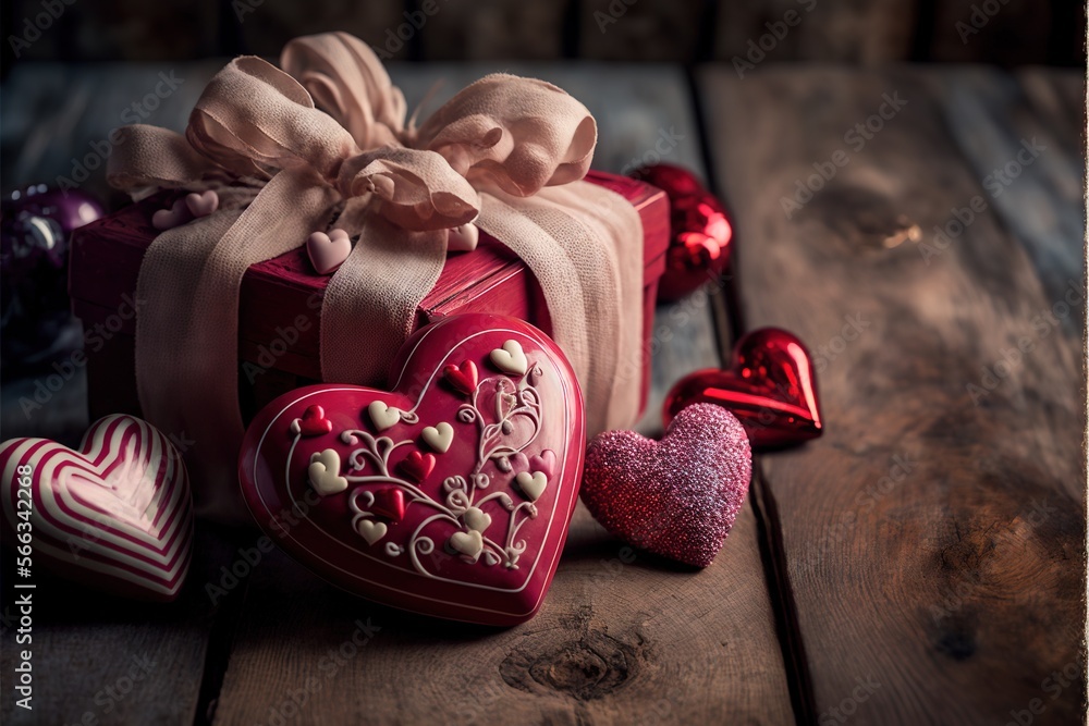 Poster a heart shaped box with a bow on top of it and other hearts around it on a wooden table with a ribbo