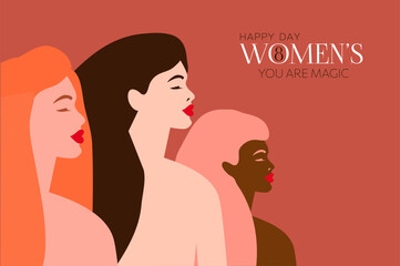 Beauty Women head. Modern feminist illustration. International women's day. 8 March day. Spring. Concept for equality. Boho colors. Vector