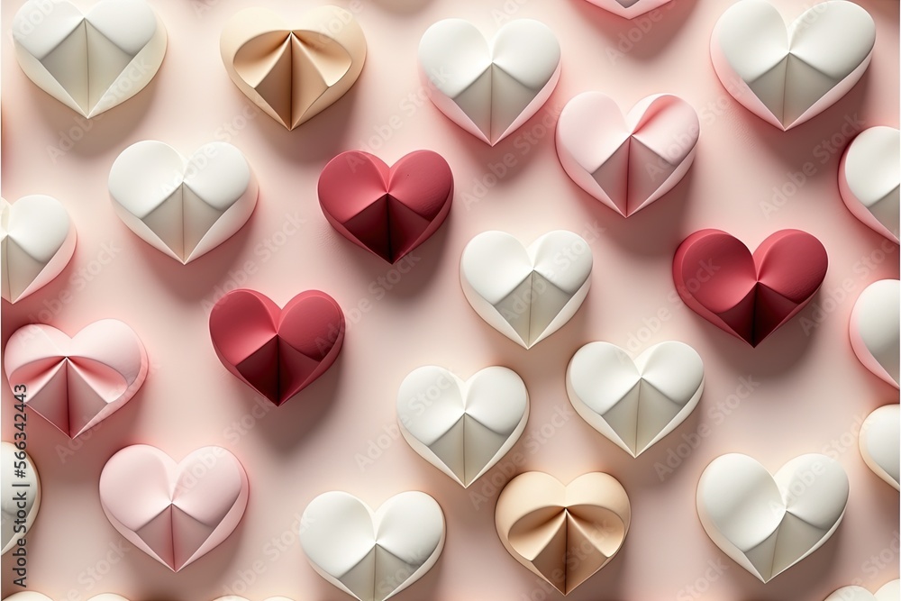 Aufkleber a group of paper hearts on a pink background with a bow in the middle of the heart and a bow in the 
