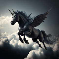 black unicorn flying in the sky under the clouds