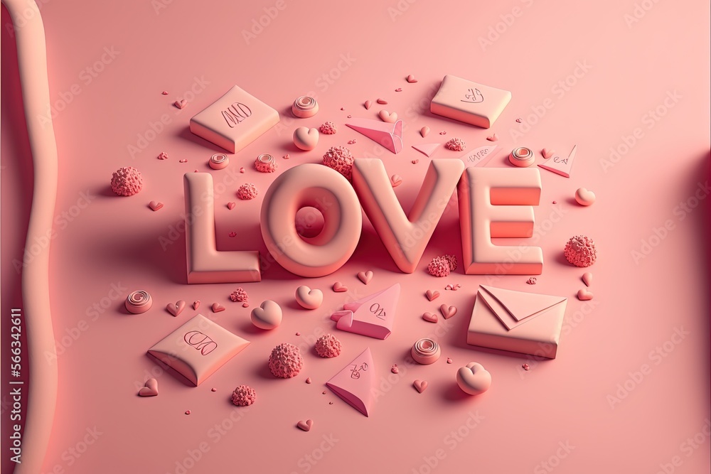 Poster the word love is surrounded by small objects on a pink background with hearts and other objects arou