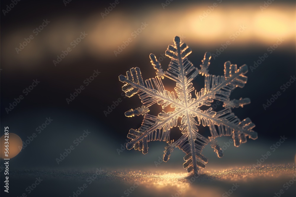 Poster  a snowflake that is sitting on a table with a blurry background of the snowflake and the light of the lights.  generative ai