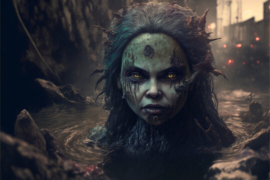 old horror ugly mermaid in a polluted dirty river generative AI