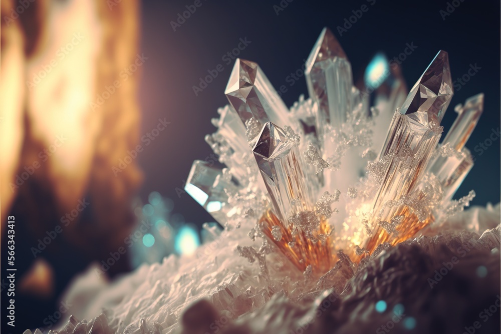 Poster a close up of a cluster of crystals on a table top with blurry lights in the background and a blurry
