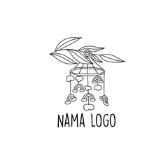 Baby bed hanging you vector illustration. Kid mobile carousel, sleeping toddler crib toy boho hand drawn doodle illustration. Leaf branch hanging