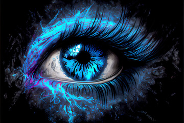A drawing of a blue eye, vivid and intense, in the style of a fluorescent light. The intricate lines and shading bring the eye to life, creating depth and dimension.