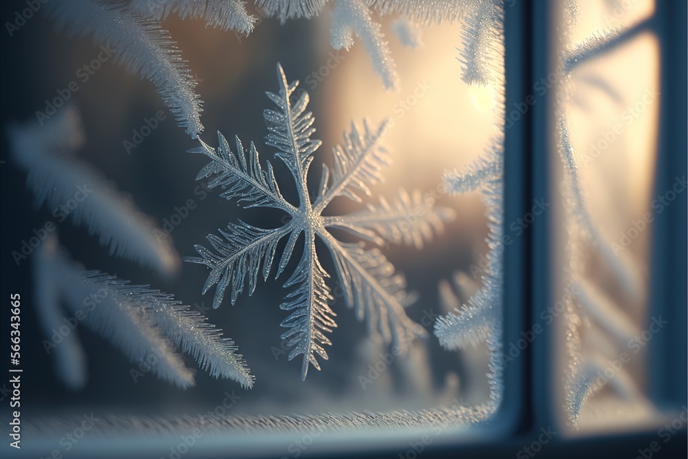 Poster a close up of a frosted glass window with a snowflake pattern on the window pane and the sun shining