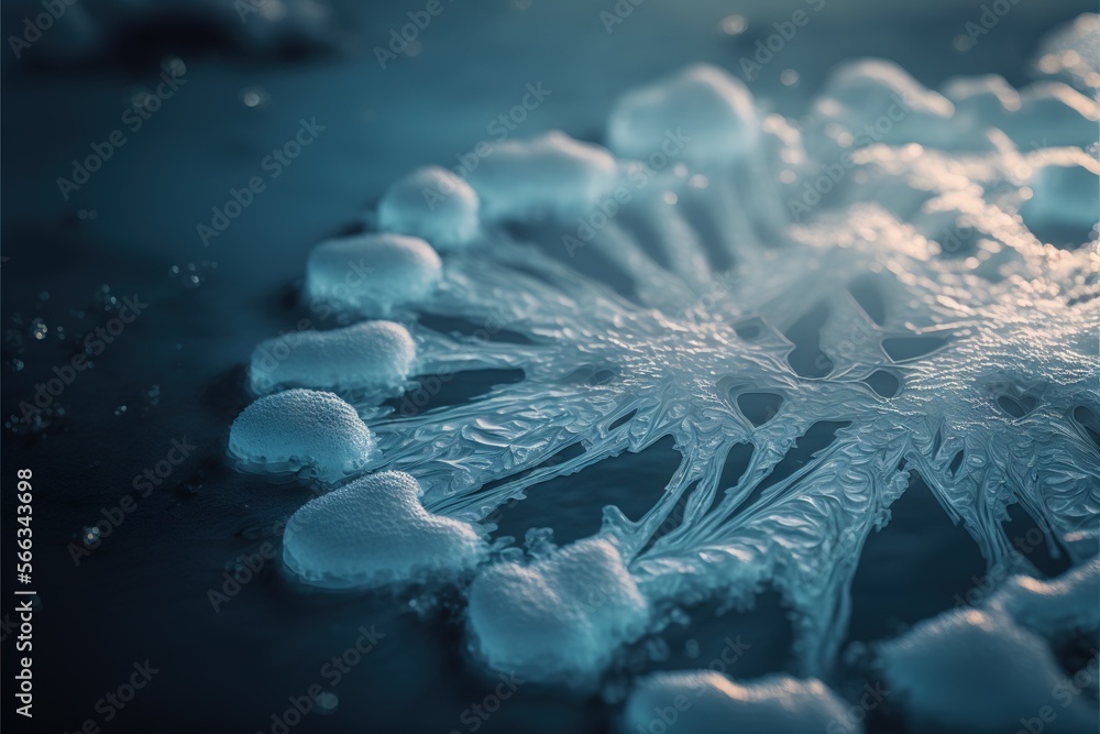 Poster a close up of a snowflake with water droplets on the bottom of the snowflake and on the bottom of th