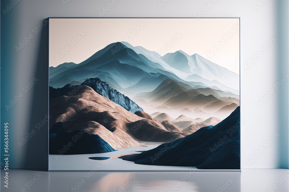 Poster a painting of a mountain range with a river in the foreground and a river running through the middle