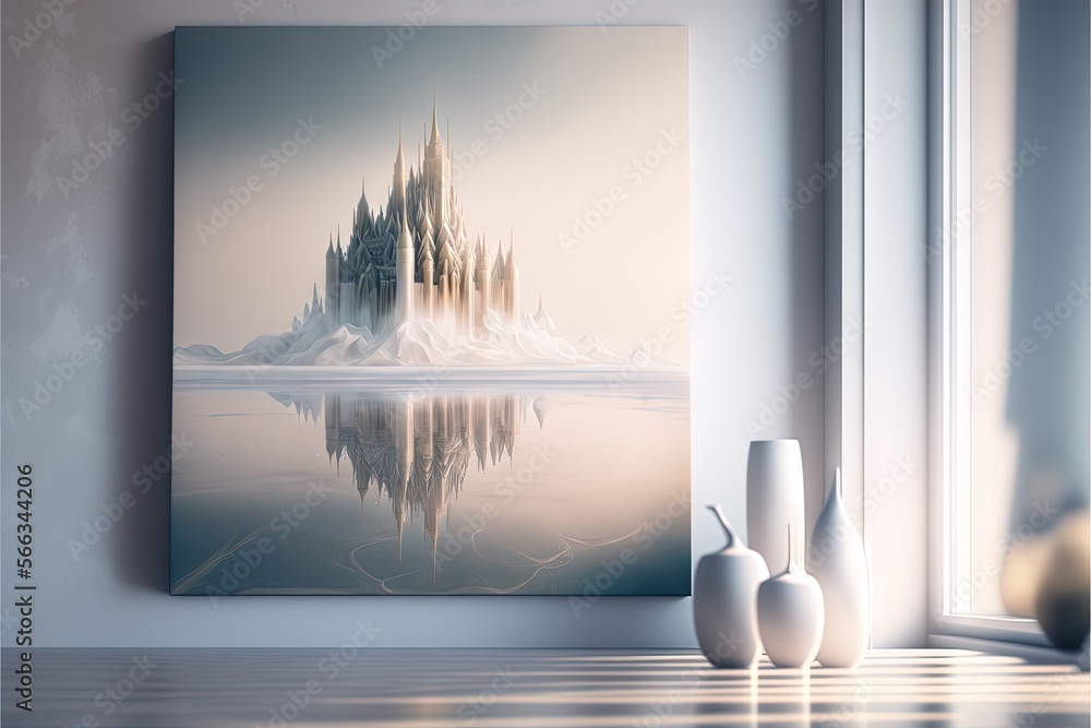 Poster a painting of a castle in the middle of a lake with a mountain in the background and three vases in 