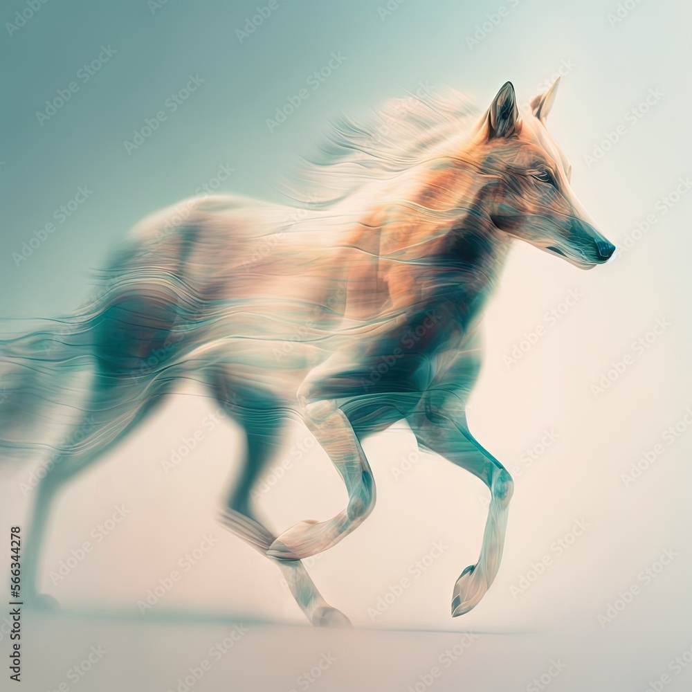 Poster a blurry photo of a horse running on a white surface with a blue background and a light blue backgro