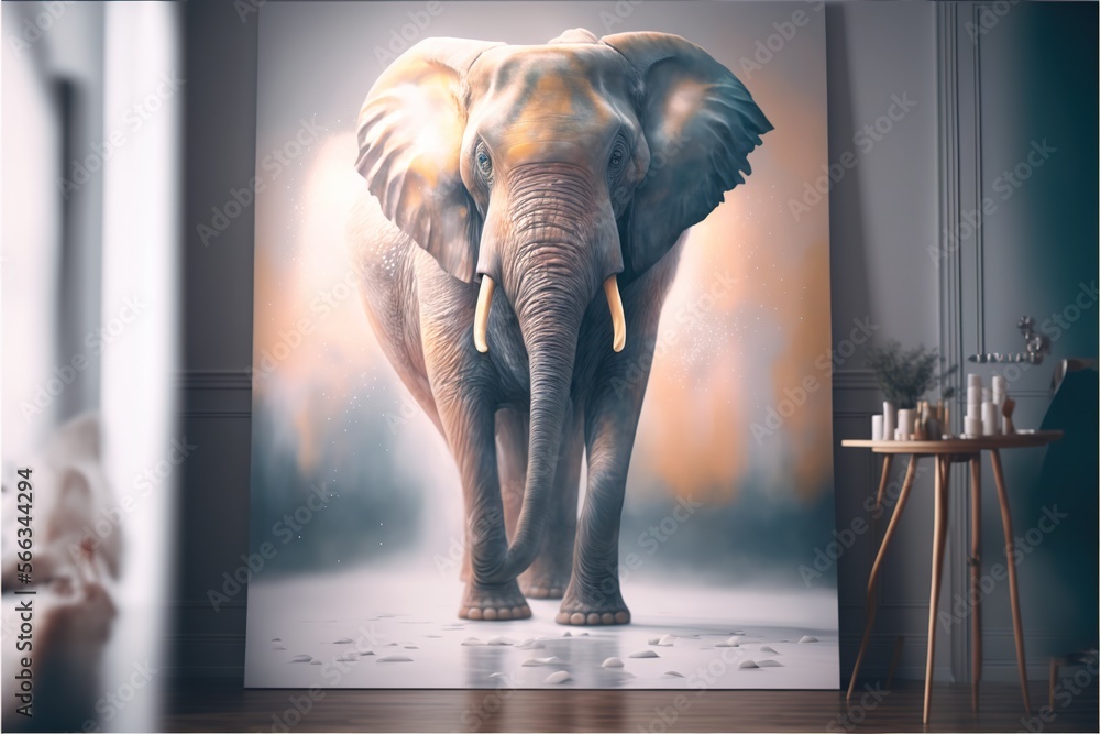 Poster an elephant is standing in a room with a painting on it's wall and a stool in front of the wall and 