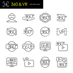 Virtual reality & 360 degrees panoramic view symbol icon set, thin line stroke style. Action camera and gaming helmet.