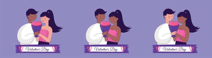 Variants of lovers couple of different skin colors, different nationalities. Flat cartoon style illustration for valentine's day
