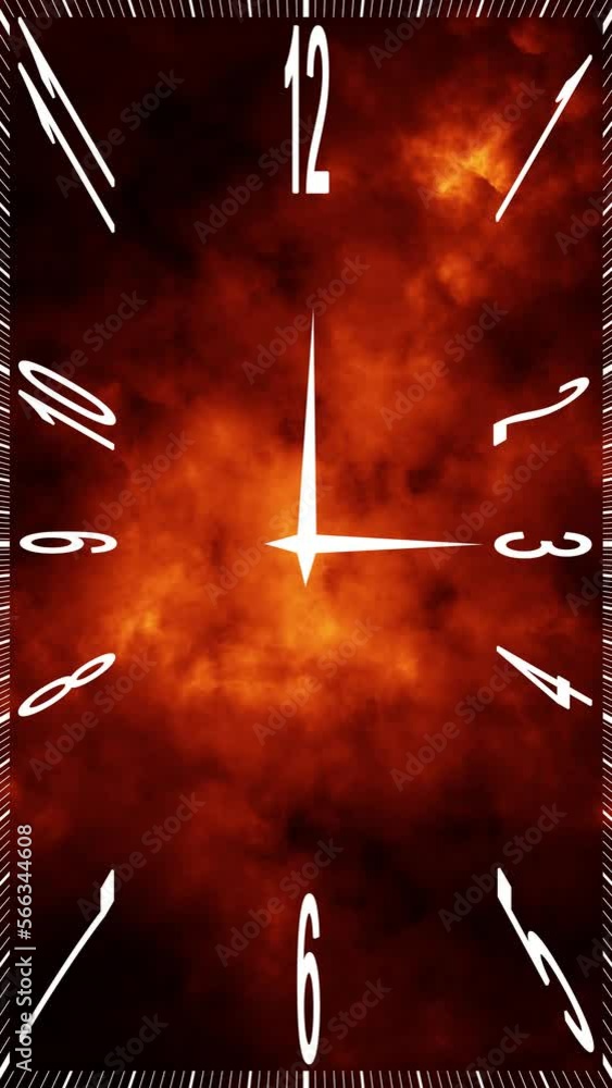 Poster seamless looping time clock motion with dark red fire flames animation. vertical background.