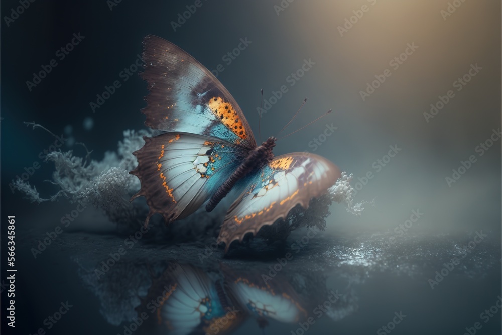 Aufkleber two butterflies sitting on top of each other on a surface with a reflection of them in the water and