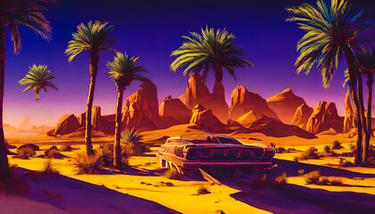 A picturesque and tranquil landscape featuring palm trees silhouetted against a warm and golden retro sunset. The serene and scenic scene is reminiscent of a tropical paradise. Generative AI