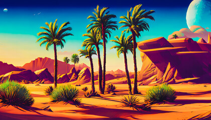 Obraz na płótnie Canvas A picturesque and tranquil landscape featuring palm trees silhouetted against a warm and golden retro sunset. The serene and scenic scene is reminiscent of a tropical paradise. Generative AI