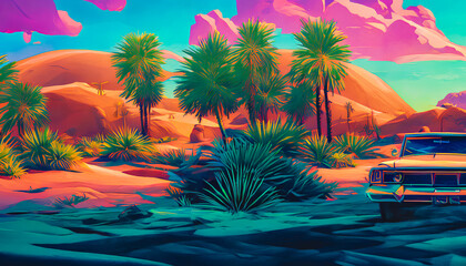 Fototapeta na wymiar A picturesque and tranquil landscape featuring palm trees silhouetted against a warm and golden retro sunset. The serene and scenic scene is reminiscent of a tropical paradise. Generative AI