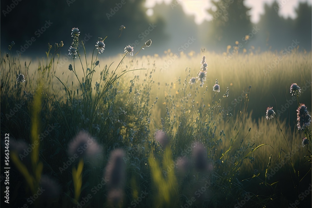 Poster a field of grass and flowers with the sun shining through the trees in the background and the sun sh