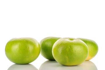 Several organic bright green Citrus Sweetie, close-up, isolated on a white background.