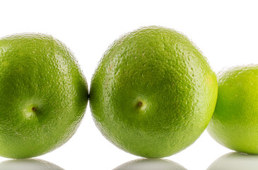 Three organic bright green Citrus Sweetie, close-up, isolated on white background.