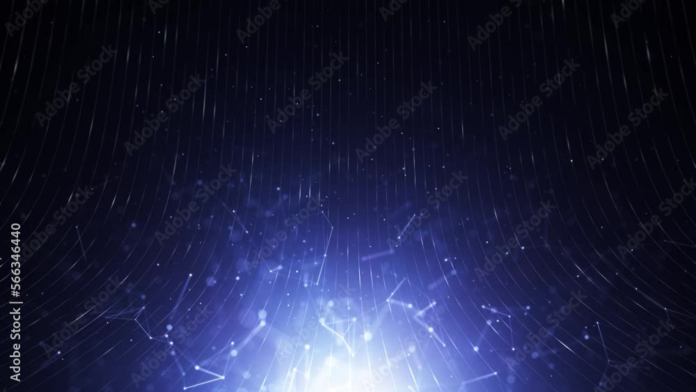 Poster seamless looping shiny glowing blue geometric digital lines and dots motion on dark black background