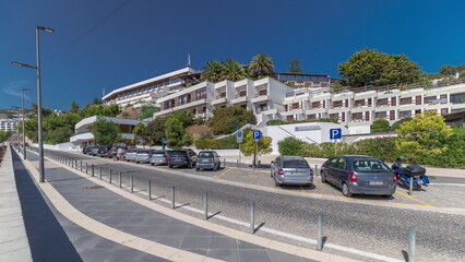 Panorama showing the waterfront of the village of Sesimbra timelapse. Portugal