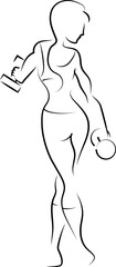 A young girl is engaged in fitness in the gym. The girl is training. with two dumbbells. She leads a healthy lifestyle. Outline black, different thickness. Schematically. Logo