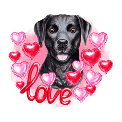 Valentines day dog with love and hearts. Cute puppy illustration for dog lovers.