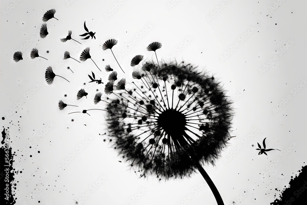 Poster a dandelion blowing in the wind on a white background with a bird flying away from the dandelion and