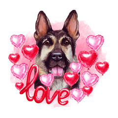 Valentines day German Shepherd dog with love and hearts. Cute puppy illustration for dog lovers.